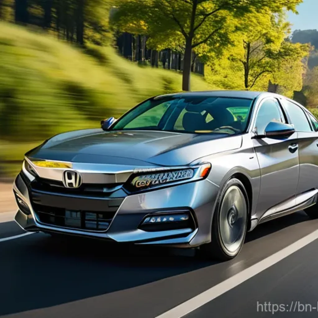 혼다 어코드 하이브리드와 현대 소나타 비교 - A sleek, silver Honda Accord Hybrid driving confidently on a modern, well-maintained highway with lu...