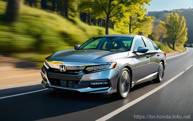 혼다 어코드 하이브리드와 현대 소나타 비교 - A sleek, silver Honda Accord Hybrid driving confidently on a modern, well-maintained highway with lu...