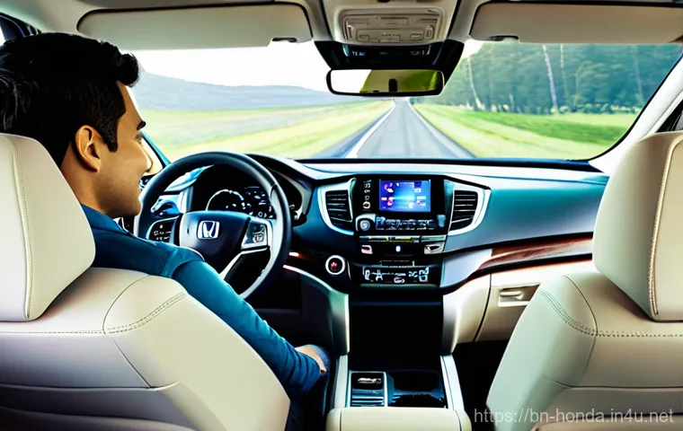 혼다 파일럿의 가족용 차량 적합성 - **Prompt:** A dynamic yet serene interior view of a Honda Pilot, emphasizing its advanced safety fea...