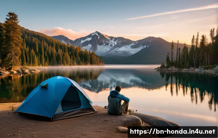 혼다 리지라인의 캠핑 액세서리 추천 - **Prompt:** A serene and picturesque camping scene featuring a silver Honda Ridgeline parked beside ...