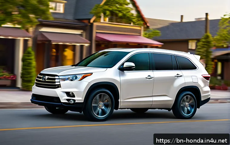 혼다 파일럿과 도요타 하이랜더 비교 - A detailed comparison scene showing two modern SUVs, a Honda Pilot and a Toyota Highlander, parked s...