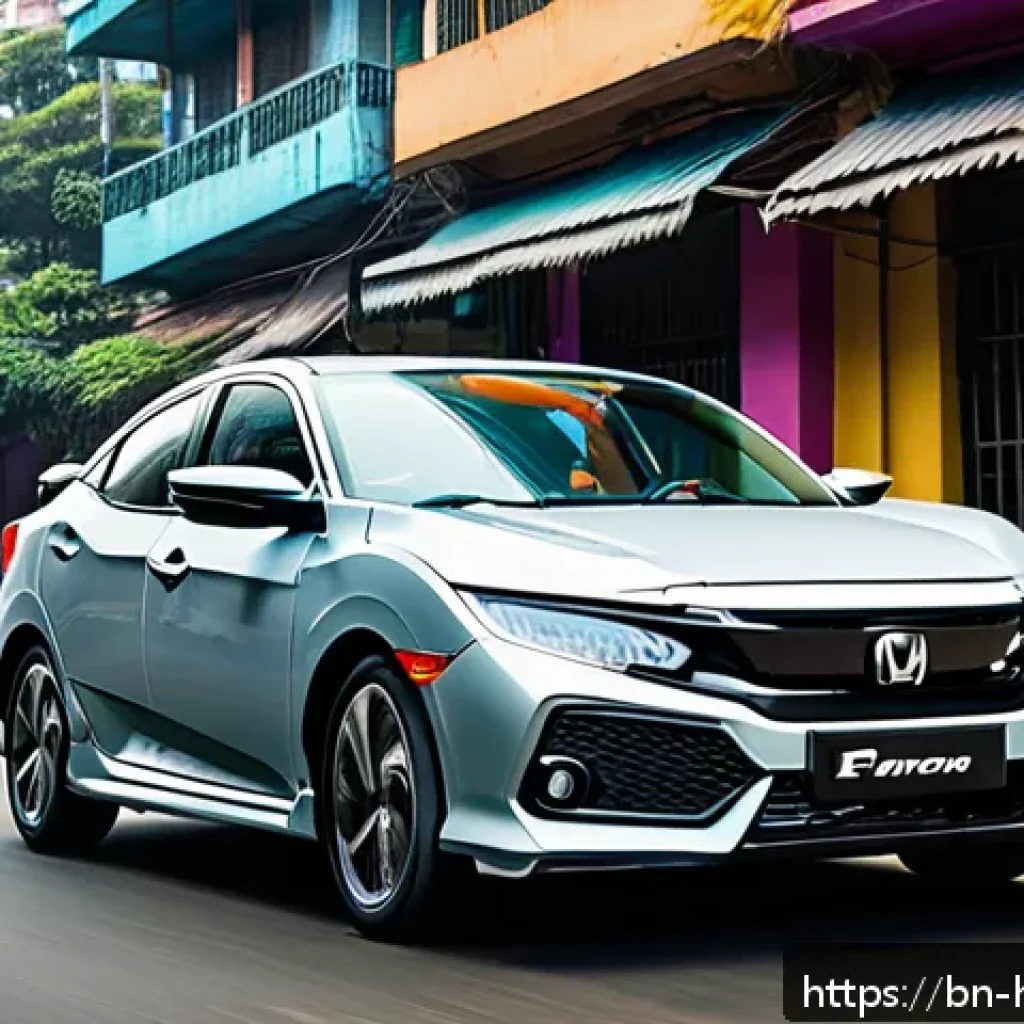 혼다 시빅 스포츠의 최신 트렌드 - A sleek, modern Honda Civic Sports car parked on a bustling urban street in Bangladesh during daylig...