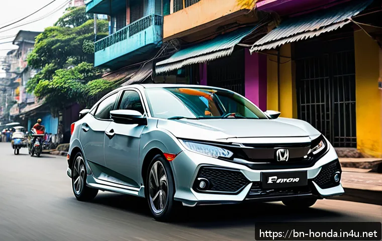 혼다 시빅 스포츠의 최신 트렌드 - A sleek, modern Honda Civic Sports car parked on a bustling urban street in Bangladesh during daylig...